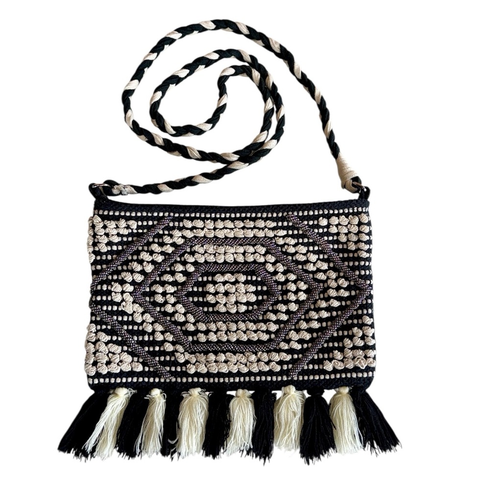 America & Beyond Crossbody Black & Cream Tasseled Weave Braided Strap Zip Top